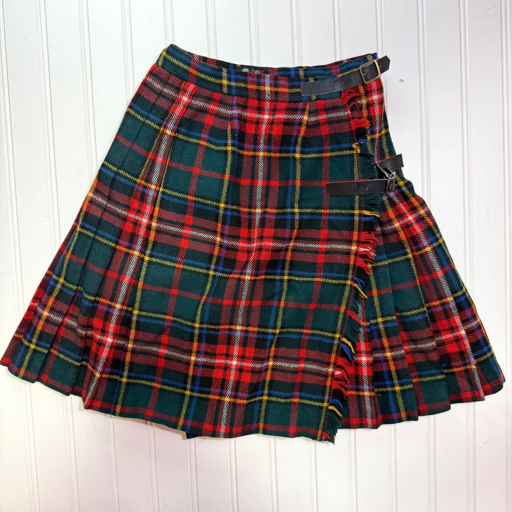 Vintage Scottish Tartan Wool Kilt Skirt Green Red Plaid Girls Size 5/6